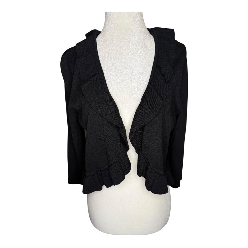 Jones New York Dress Petite Black Ruffle Trim Open Front Cardigan Petite Large
